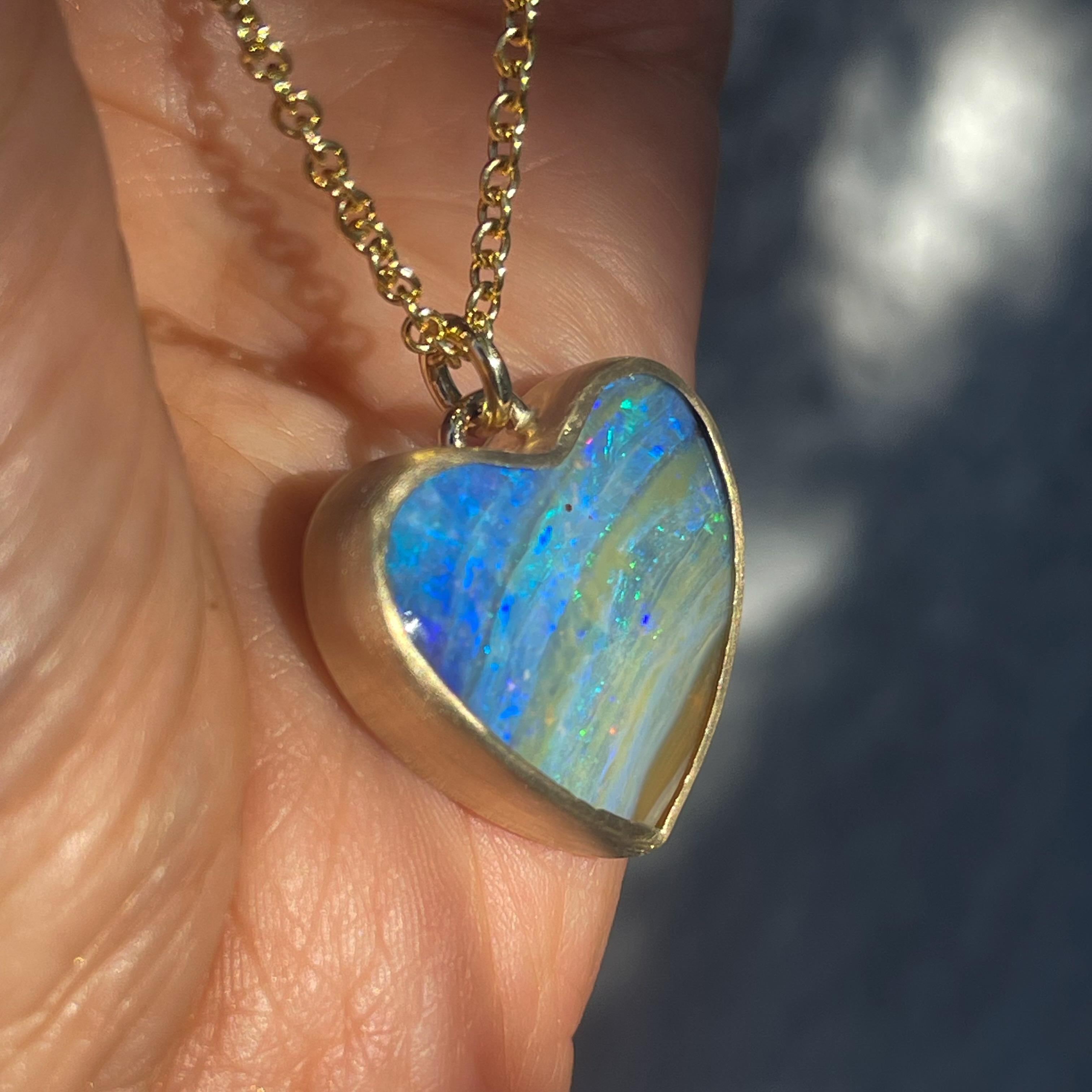 Heart Cut Left My Heart in Bermuda Australian Opal Necklace in 14k Gold by NIXIN Jewelry For Sale