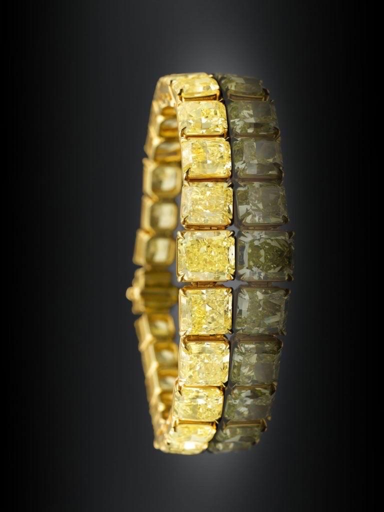 Taille coussin Bracelet en diamant taillé en coussin de 40 carats de couleur jaune fantaisie  Certifié GIA en vente