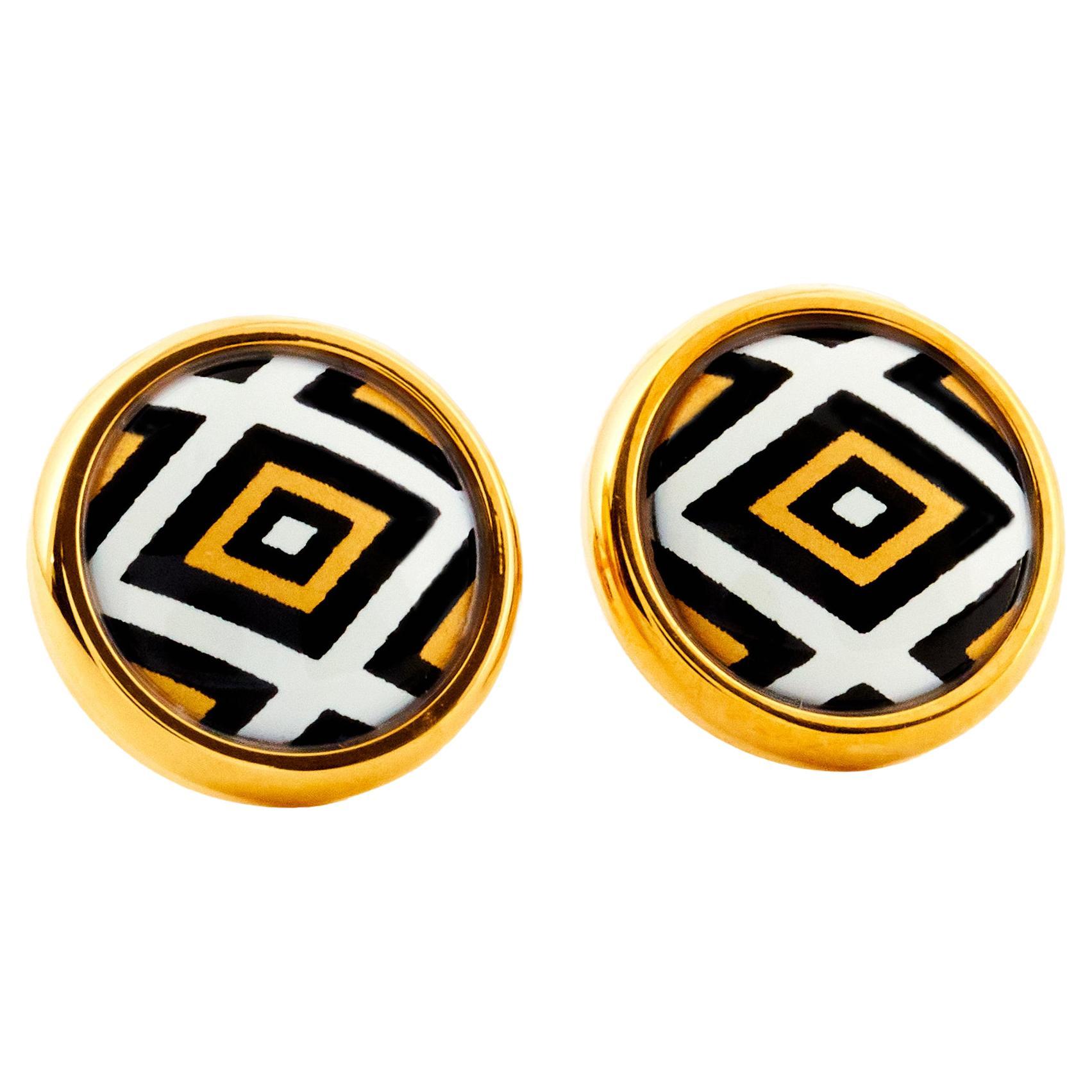 Hand-Painted Gold-Plated Stainless Steel Stud Earrings with Fire Enamel Detail For Sale