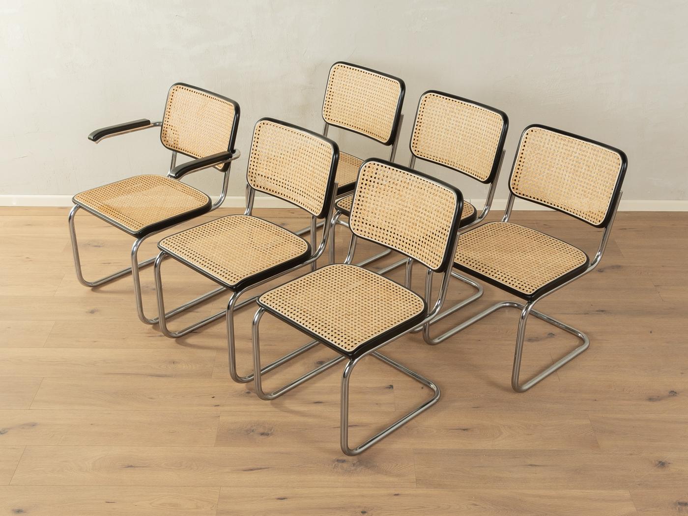 Legendary tubular steel chairs, model S 32 and S 64, designed by Marcel Breuer for Thonet (1928). High-quality  frame made of chromed tubular steel. The seat and backrest of S 64 are covered with the original 