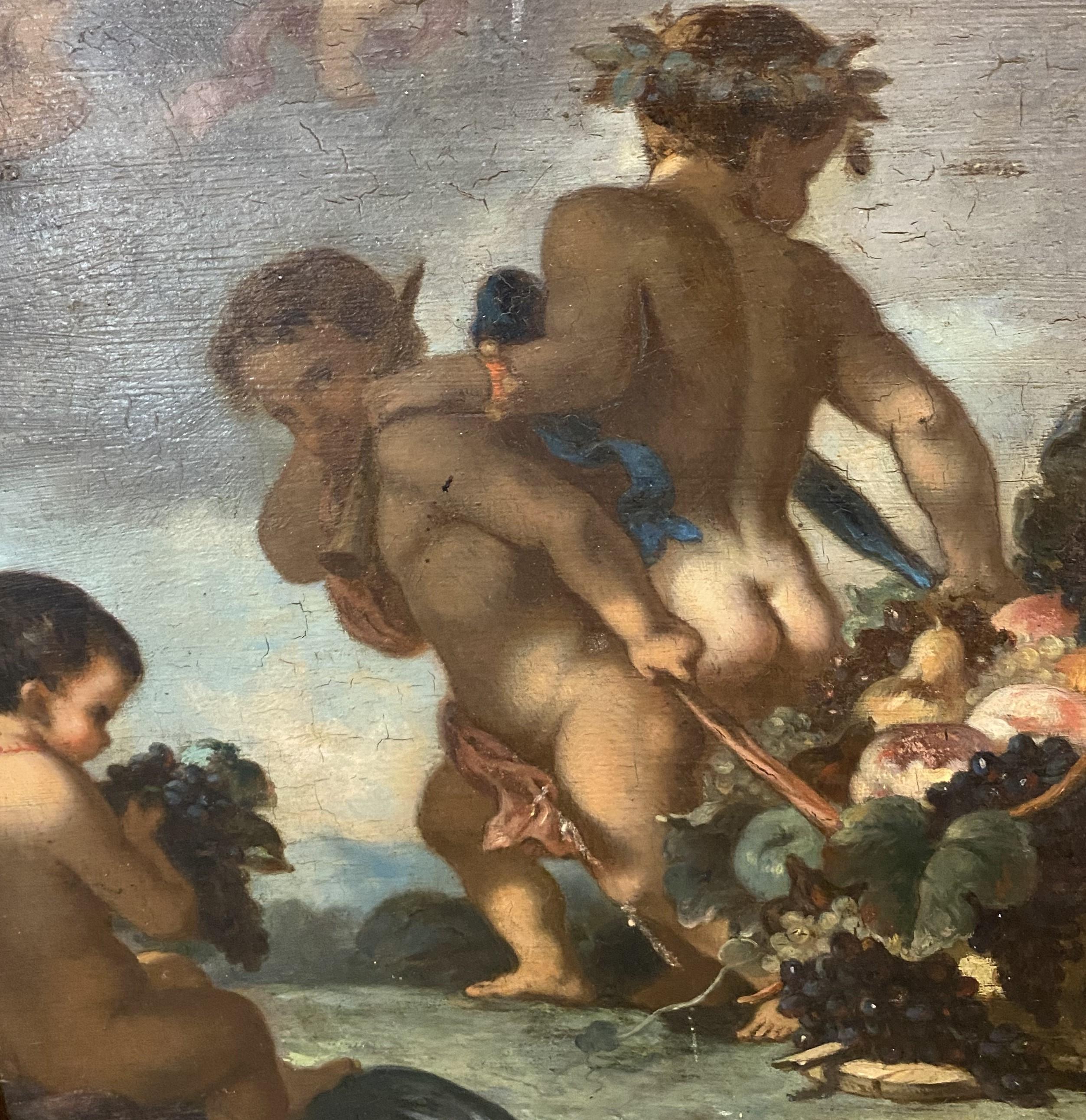 Une belle peinture à l'huile avec des chérubins et une charrette de fruits par l'artiste français Leger Cherelle (1816-1867). Cherelle est née à Versailles, en France, et a été enregistrée rue Guenegaud (Paris) dans le registre du Salon de Paris de