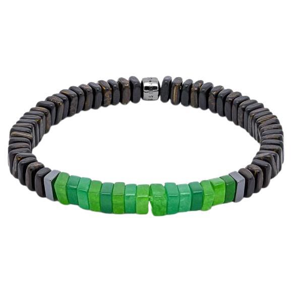 Legno Bracelet in Green Quartz, Palm and Ebony Wood with Rhodium Plated, Size M For Sale