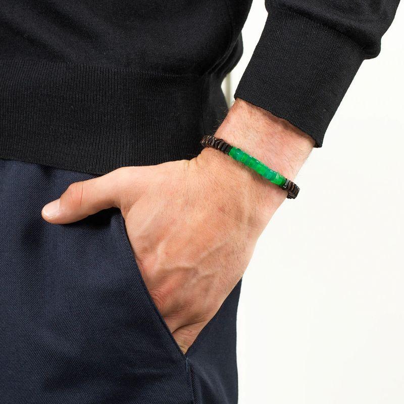 Legno-Armband aus grünem Quarz, Palme und Ebenholz mit rhodinierter Platte, Größe S Herren im Angebot