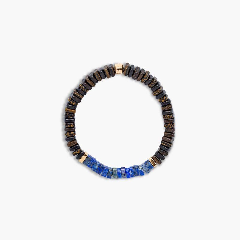 Legno Bracelet in Lapis, Palm & Ebony Wood with Rose Gold Sterling Silver, Size L

Ebony and palm wood beads are accented by rose gold-coloured, hand-polished sterling silver discs with lapis stones sitting in the centre for a subtle splash of
