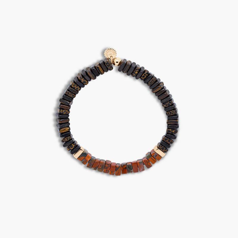 Legno Bracelet in Rainbow Jasper, Palm and Ebony Wood with Rose Gold Plated Sterling Silver, Size S

Ebony and palm wood beads are accented by hand-polished rose gold-coloured sterling silver discs with rainbow jasper stones sitting in the centre