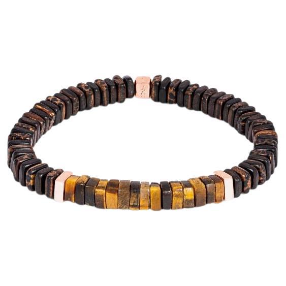 Legno Bracelet in Tiger Eye, Palm and Ebony Wood with Rose Gold Plated, Size S