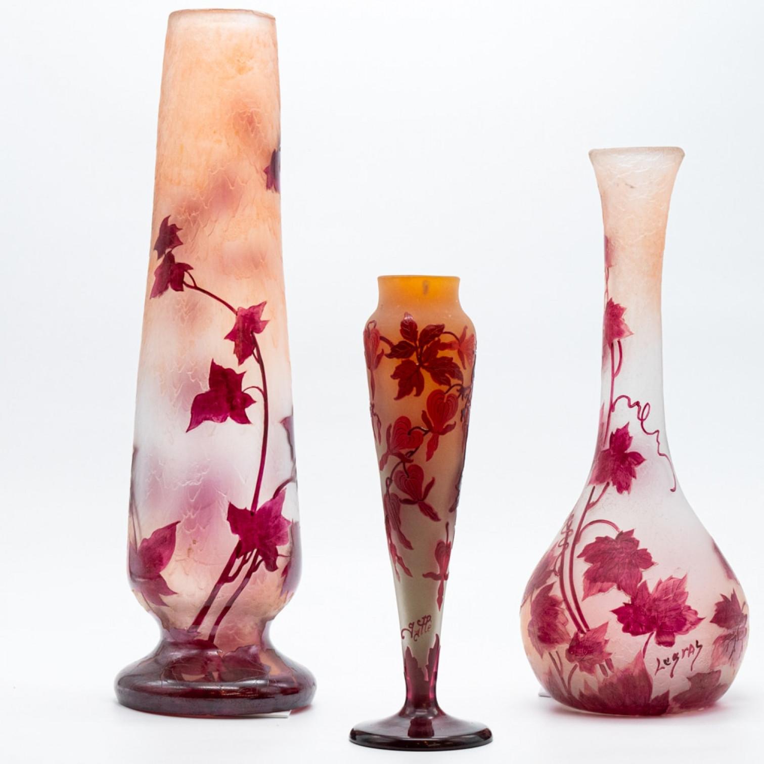 Legras and Gallé Signed, Set of Large Acid Etched Enameled Glass Vases, 1920 For Sale 4