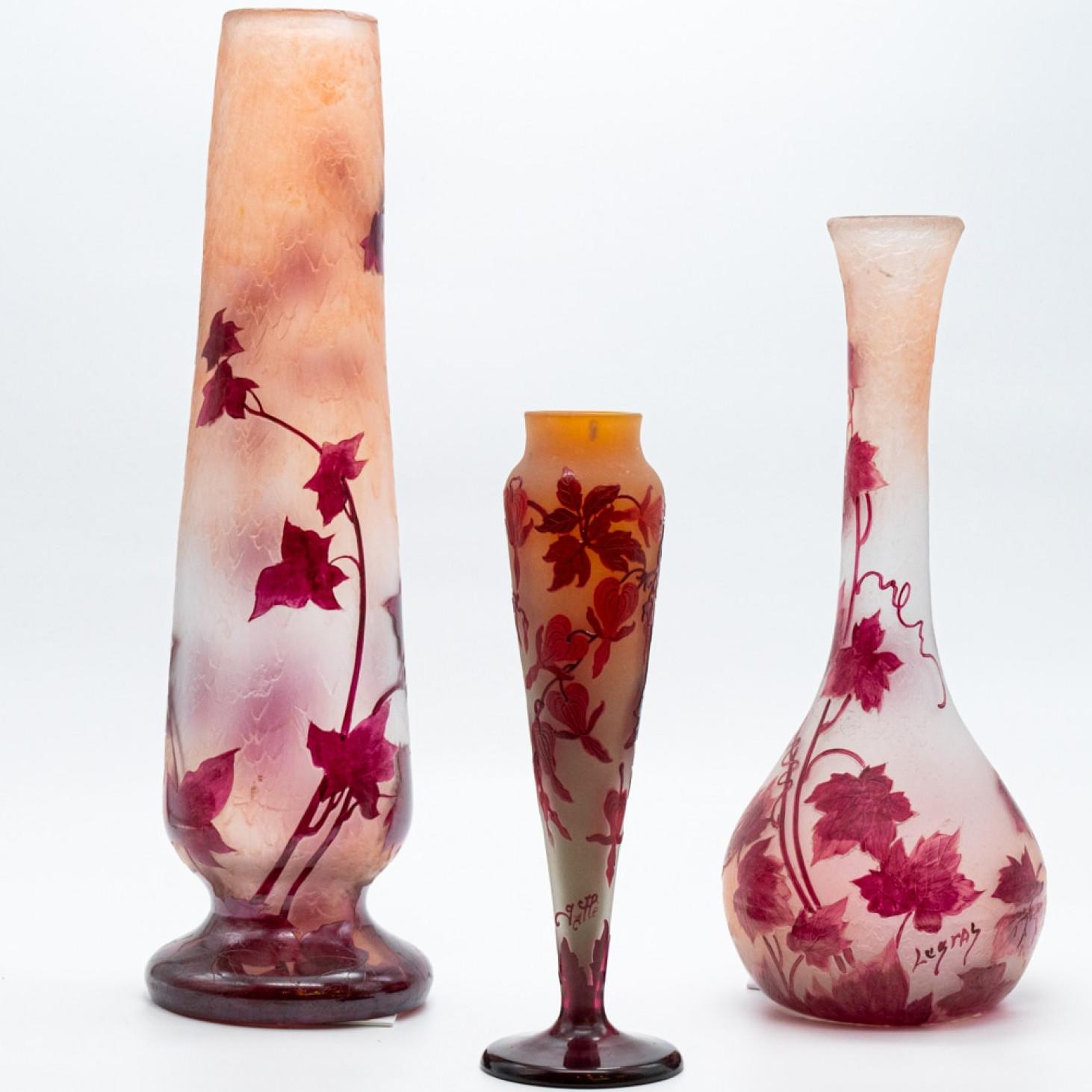 This exquisite Art Nouveau set of 3 soliflore vases by LeGras and Galle are statement pieces in the room. Signed 