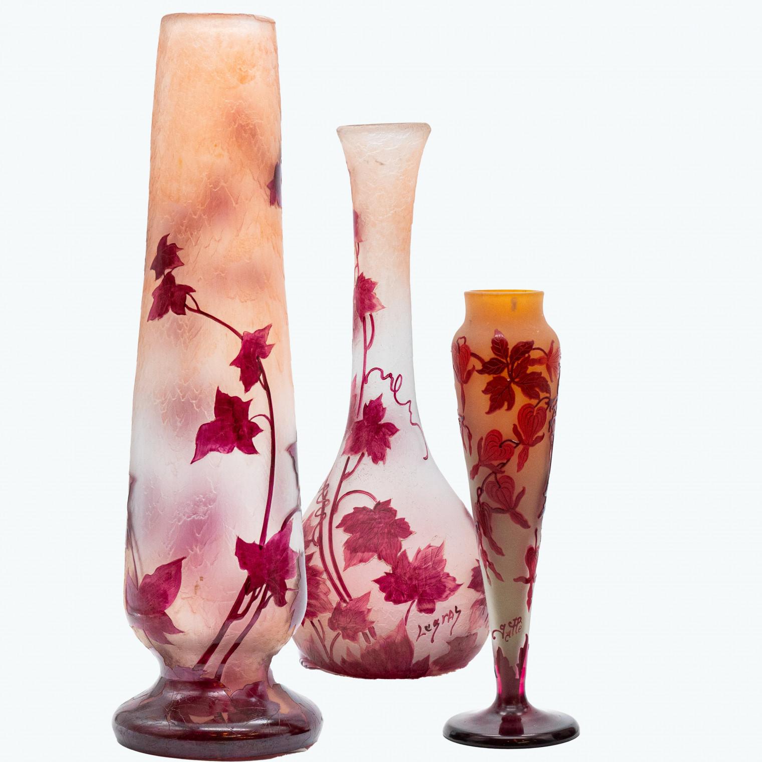 French Legras and Gallé Signed, Set of Large Acid Etched Enameled Glass Vases, 1920 For Sale