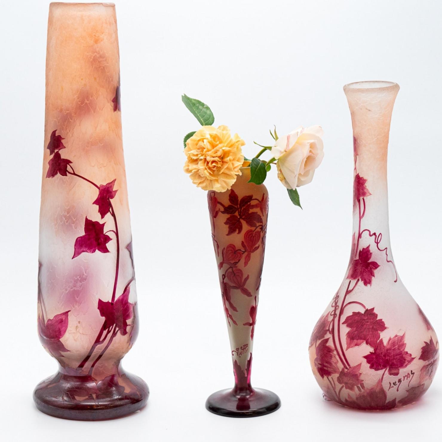 Legras and Gallé Signed, Set of Large Acid Etched Enameled Glass Vases, 1920 In Good Condition For Sale In Rijssen, NL