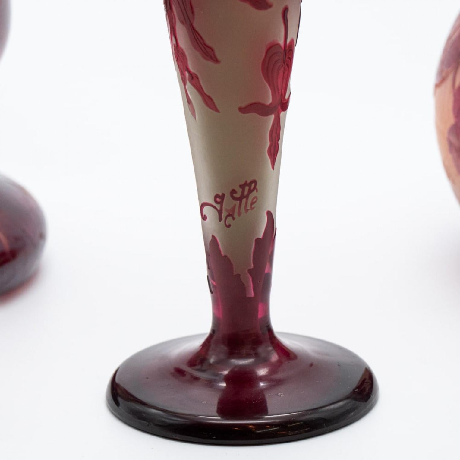 Early 20th Century Legras and Gallé Signed, Set of Large Acid Etched Enameled Glass Vases, 1920 For Sale