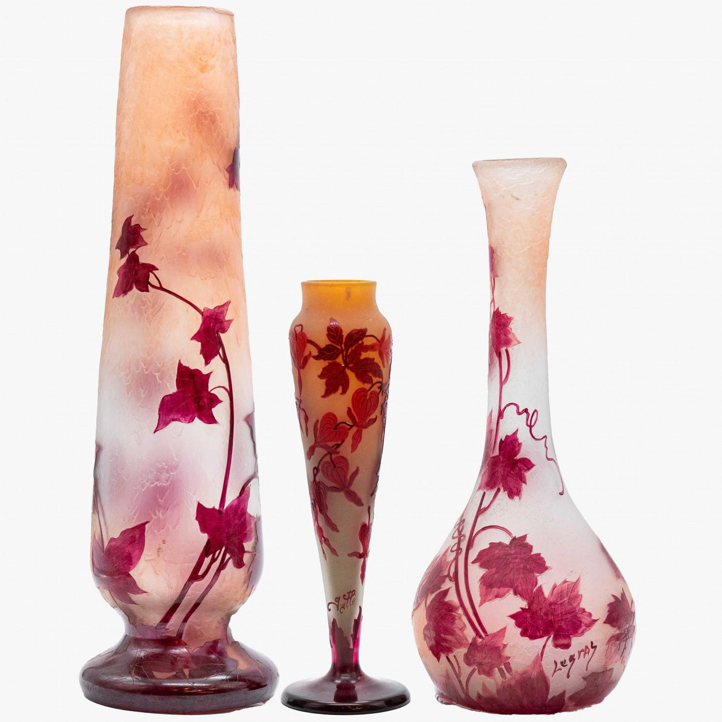 Legras and Gallé Signed, Set of Large Acid Etched Enameled Glass Vases, 1920 For Sale 1