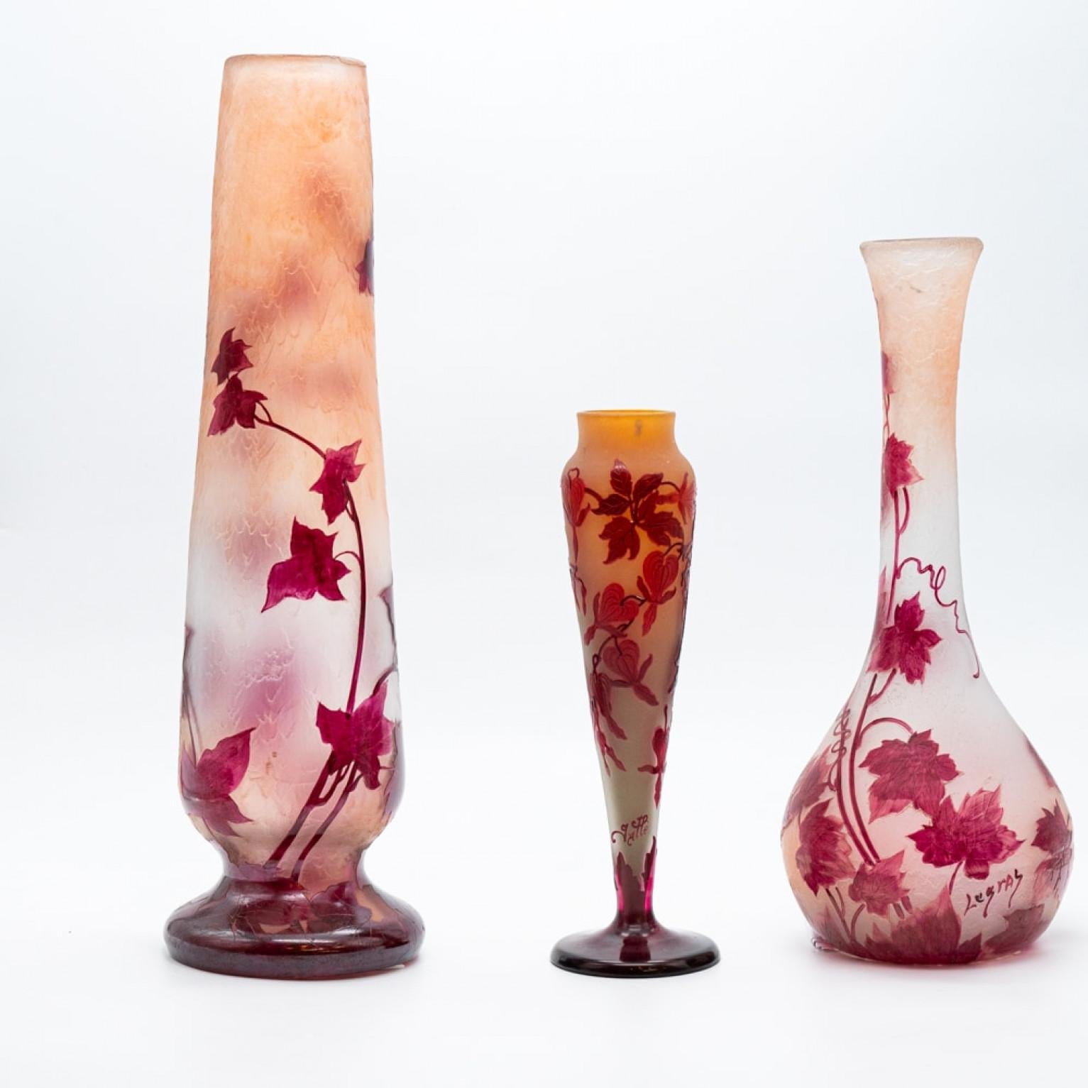 Legras and Gallé Signed, Set of Large Acid Etched Enameled Glass Vases, 1920 For Sale 2
