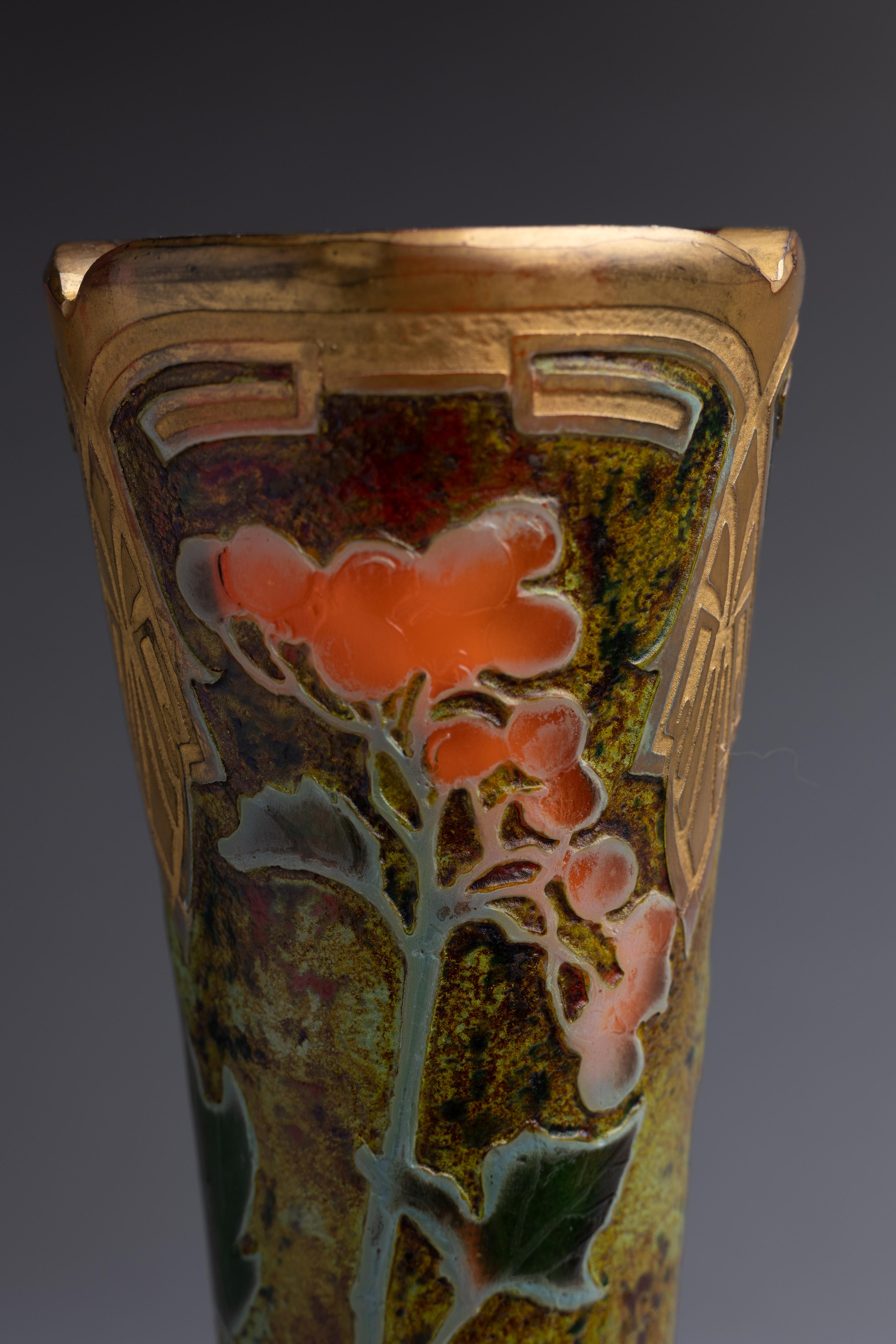 Buriné Vase en verre Art Nouveau français Legras en vente