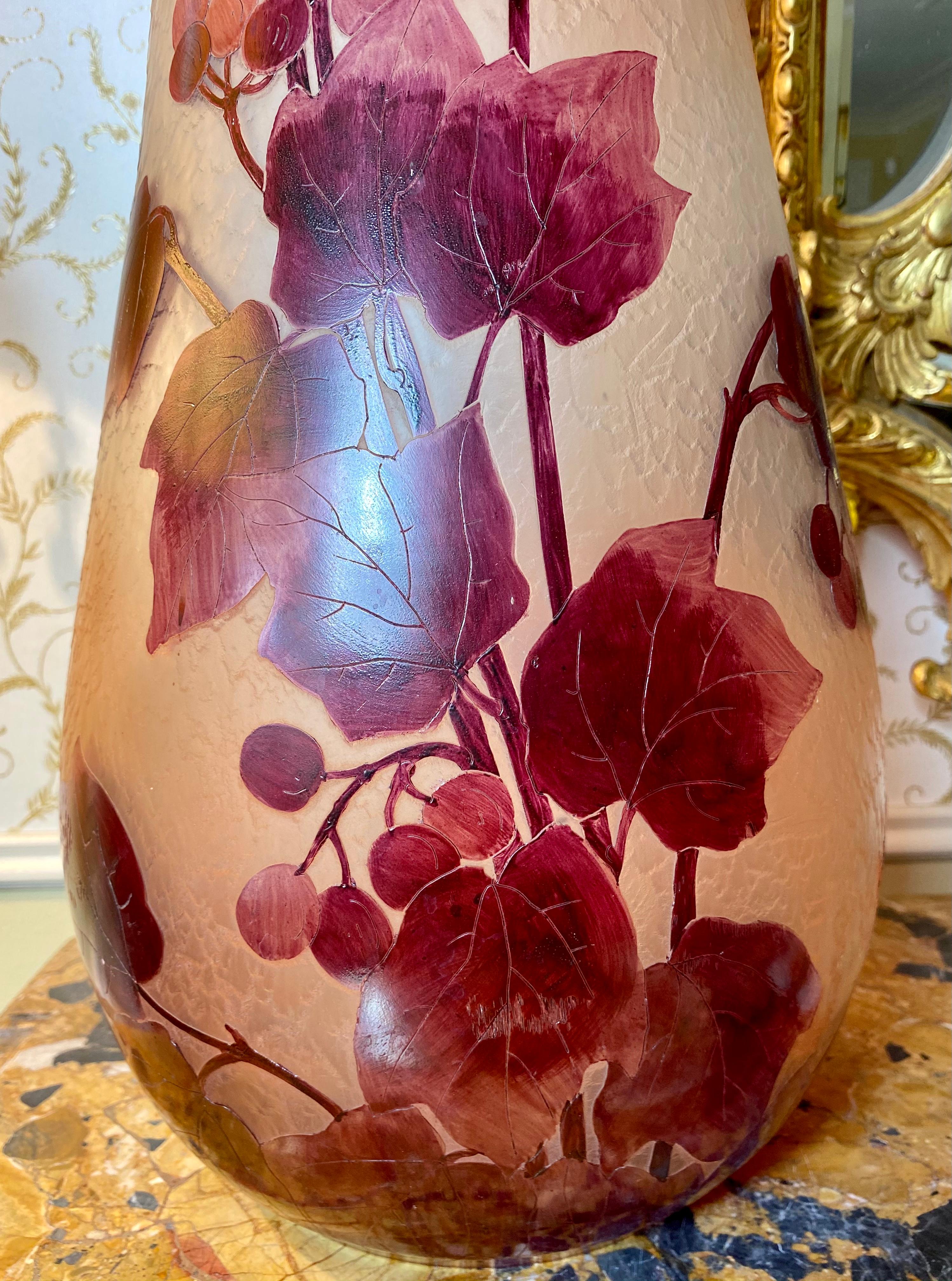 French Legras, Art Nouveau Style, Ampelopsis Large Vase 20th Century