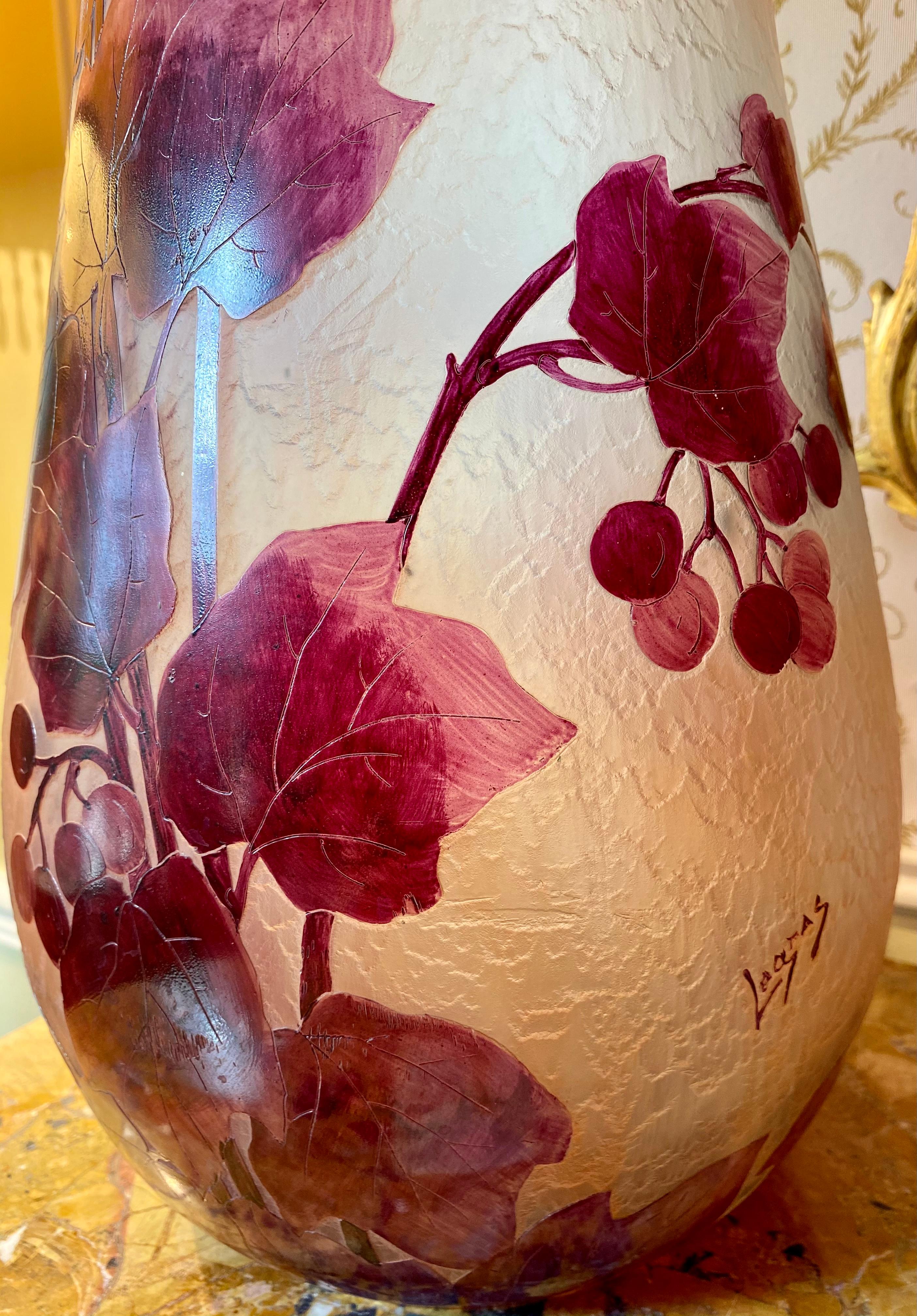 Art Glass Legras, Art Nouveau Style, Ampelopsis Large Vase 20th Century