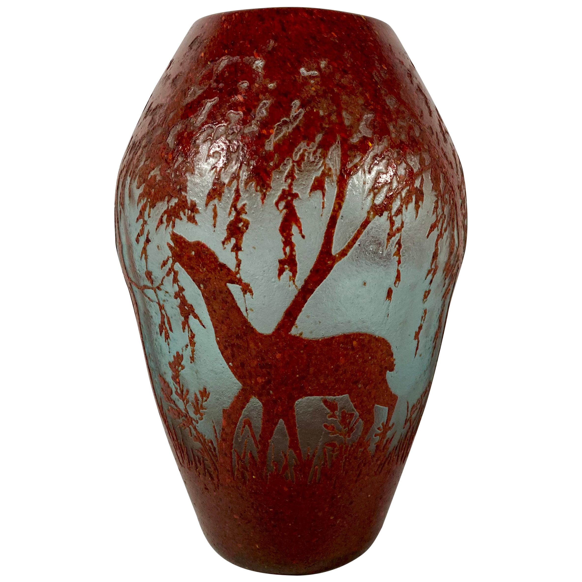 Legras Cameo Glass Vase, Deer and Pheasant, circa 1920