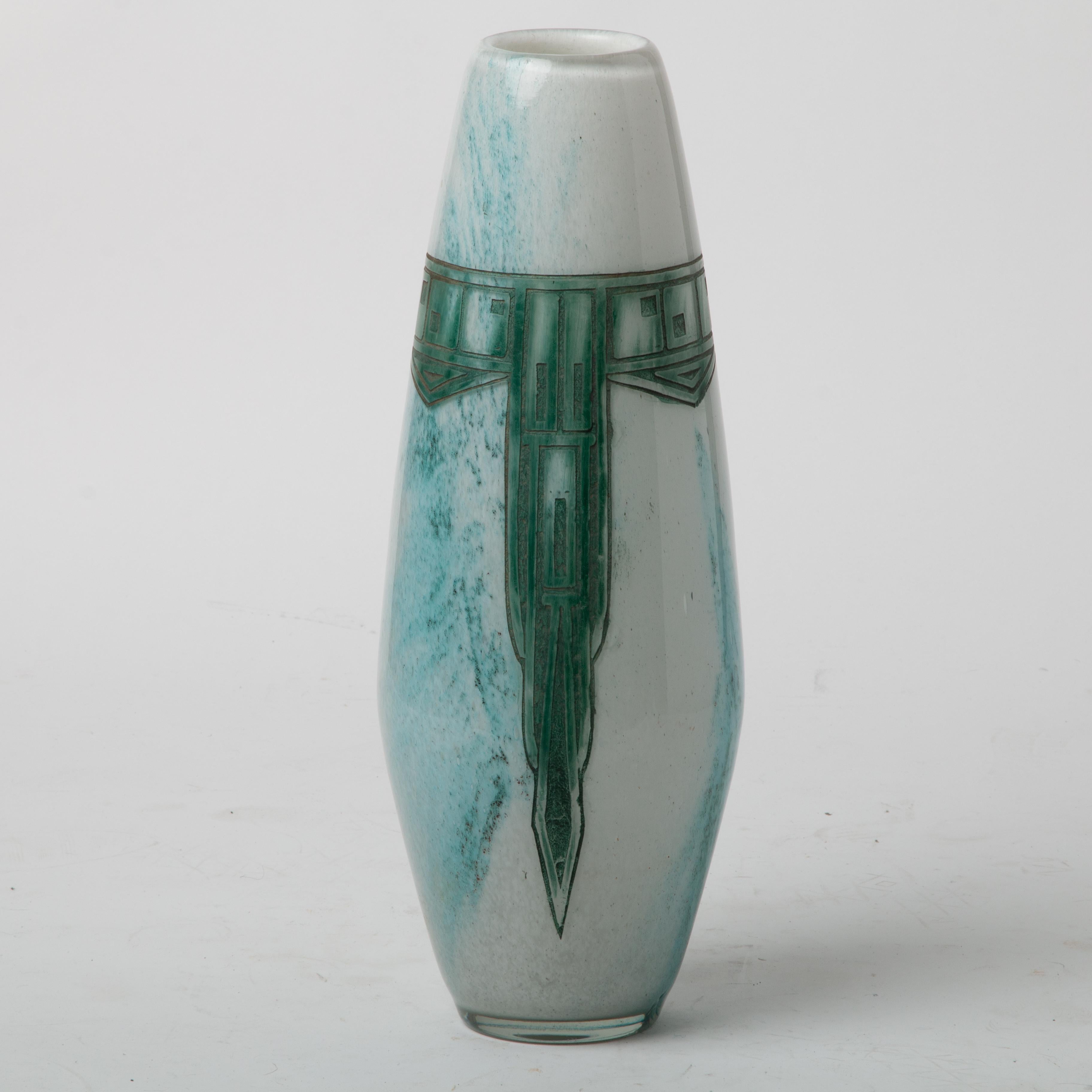 LeGras tall French art glass vase, Art Deco to mid 20th century period, hand blown vase with enamel and etched glass geometric design, signed 