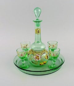Legras, France, Cabarat Cigogne Liqueur Set in Green Mouth-Blown Art Glass