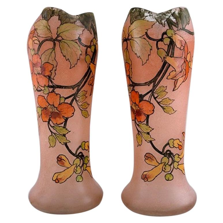Legras, France, Two Vases in Mouth Blown Art Glass Decorated with Flowers