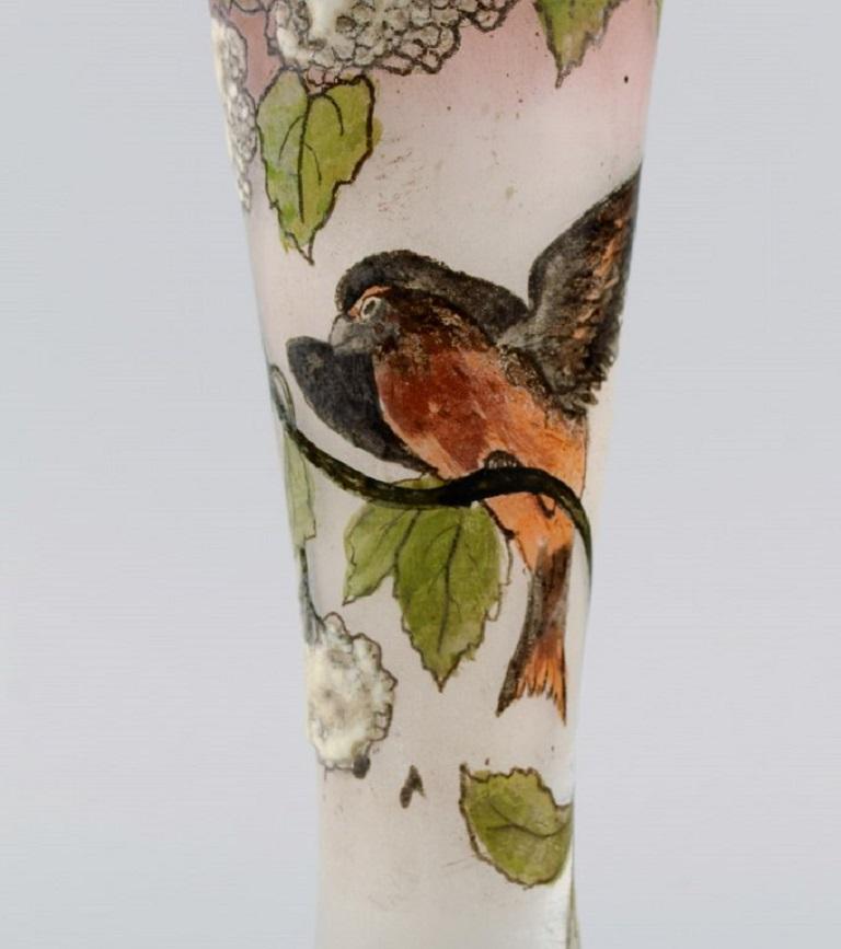 French Legras, France, Unique Vase in Mouth-Blown Art Glass with Bird Motif