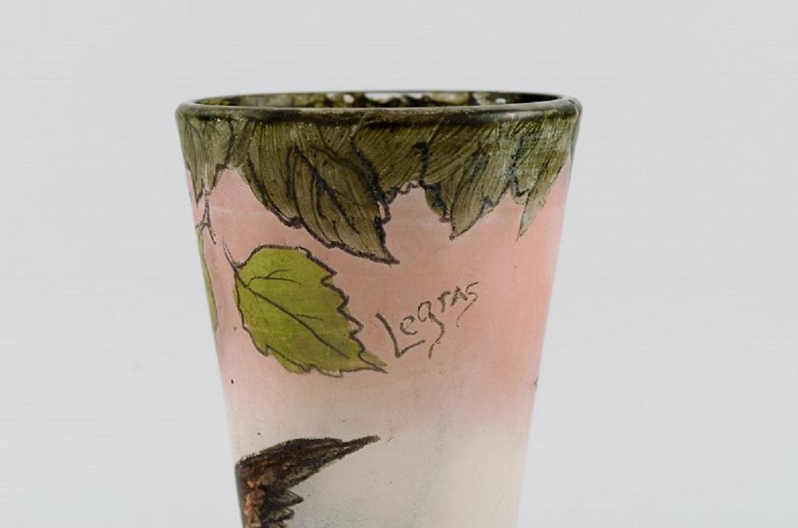 Legras, France, Unique Vase in Mouth-Blown Art Glass with Bird Motif 1