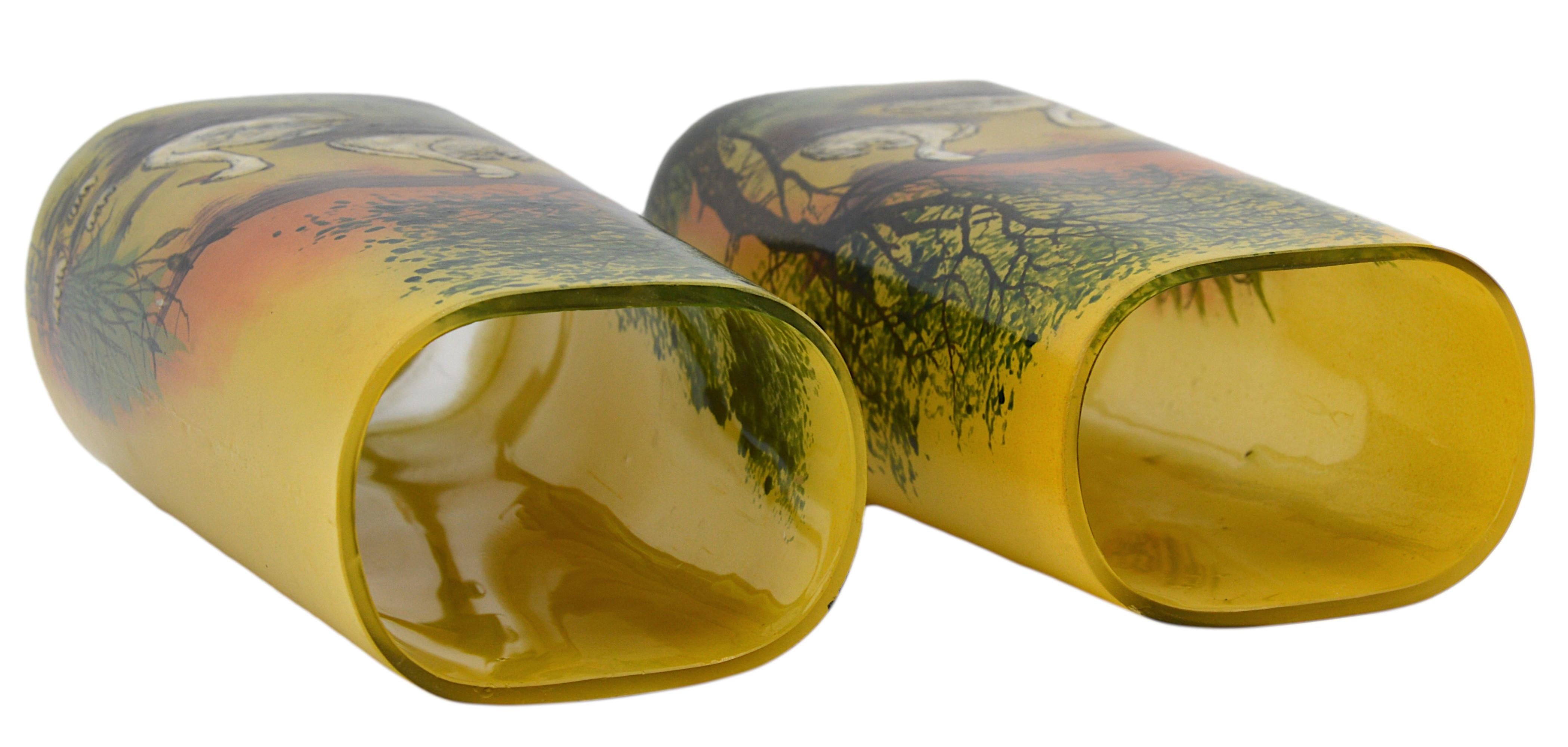 Art Glass Legras French Art Nouveau Pair of Enameled Swan Vase, 1920 For Sale