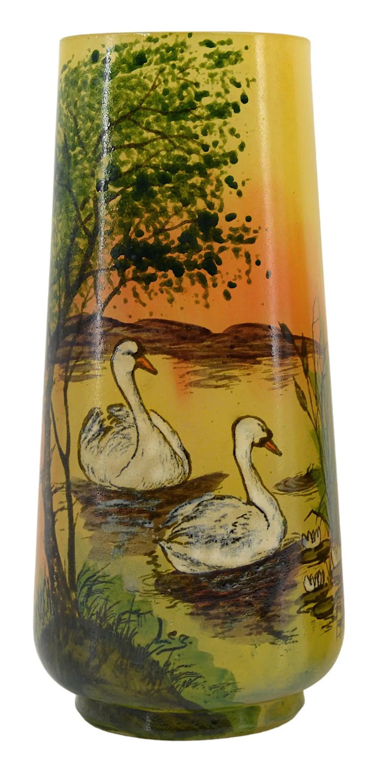 Pair of French Art Deco vases by François-Théodore LEGRAS, France, 1920s. Pair of glass vases with enamelled decoration of two swans on each vase. Face to face decor. Measures: Each - Height : 10.6