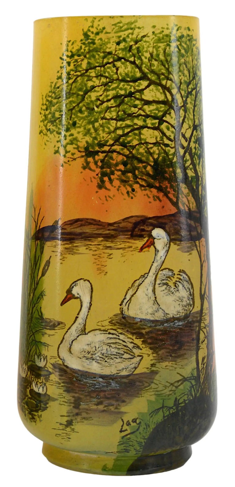 Art Deco Legras French Art Nouveau Pair of Enameled Swan Vase, 1920s For Sale