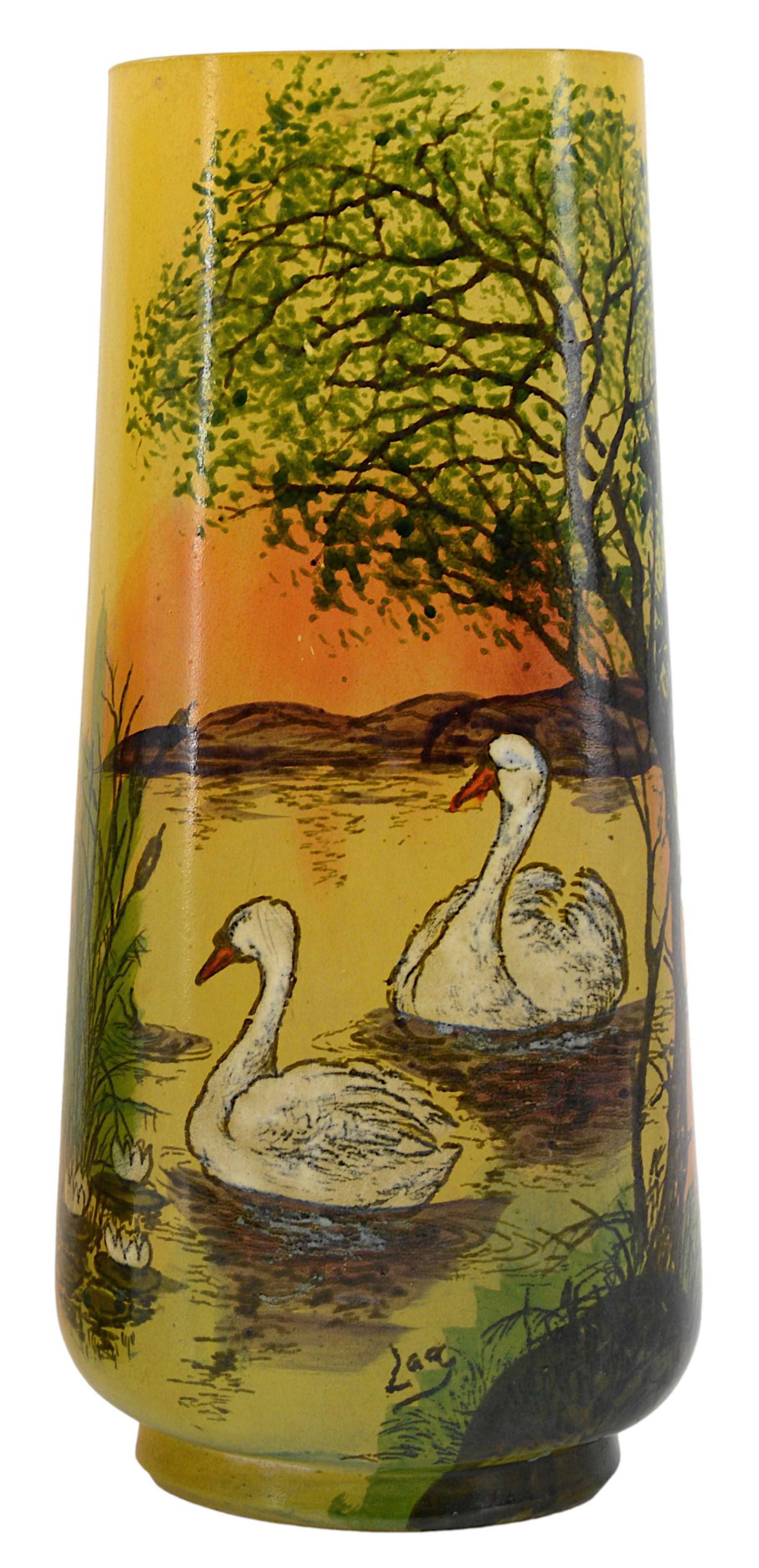 Early 20th Century Legras French Art Nouveau Pair of Enameled Swan Vase, 1920s For Sale