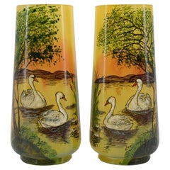 Legras French Art Nouveau Pair of Enameled Swan Vase, 1920s