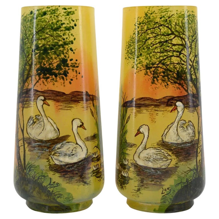 Legras French Art Nouveau Pair of Enameled Swan Vase, 1920s For Sale