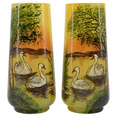 Legras French Art Nouveau Pair of Enameled Swan Vase, 1920
