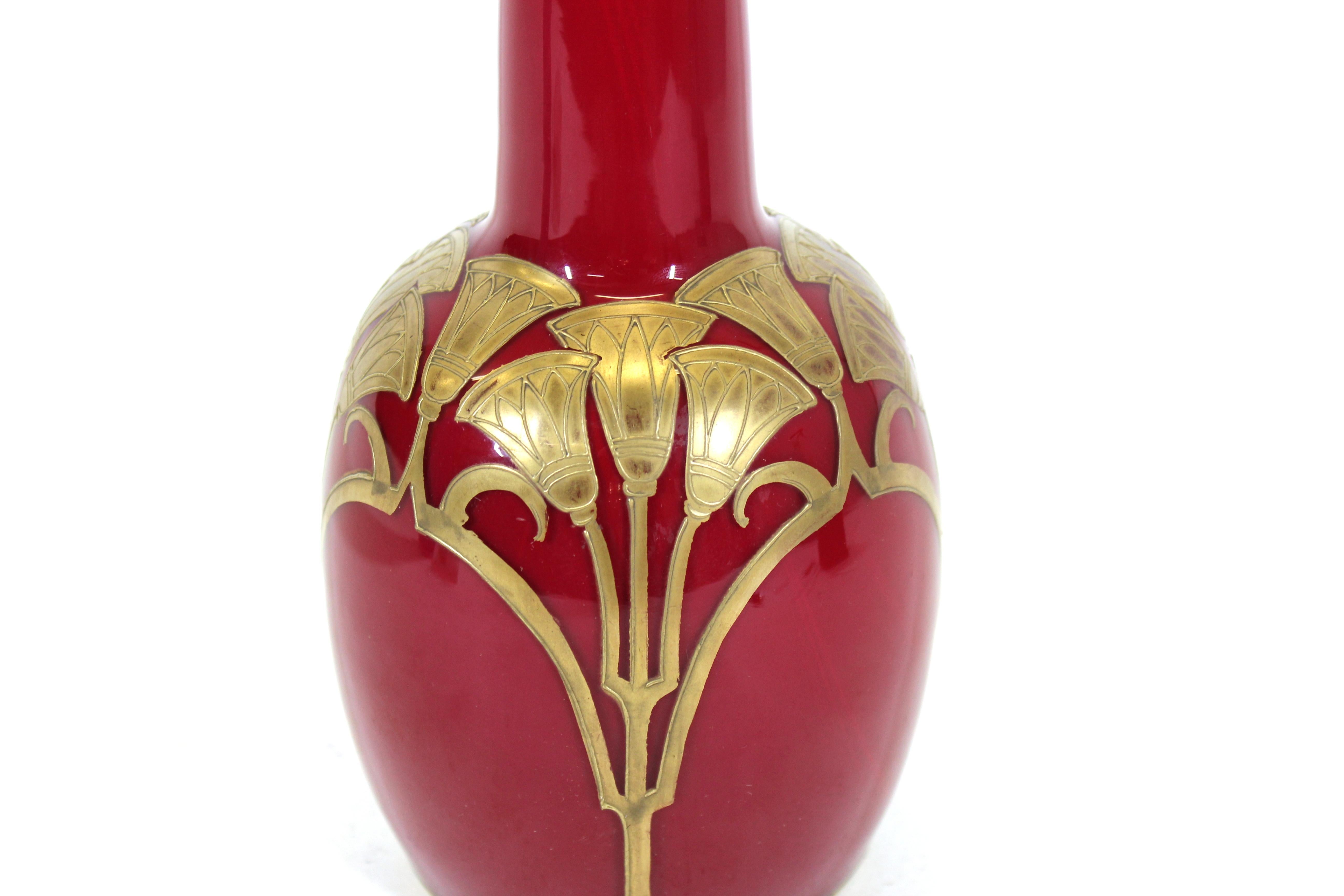 Legras French Egyptian Revival 'Rouge de Chine' Red Glass & Gold Vase 1