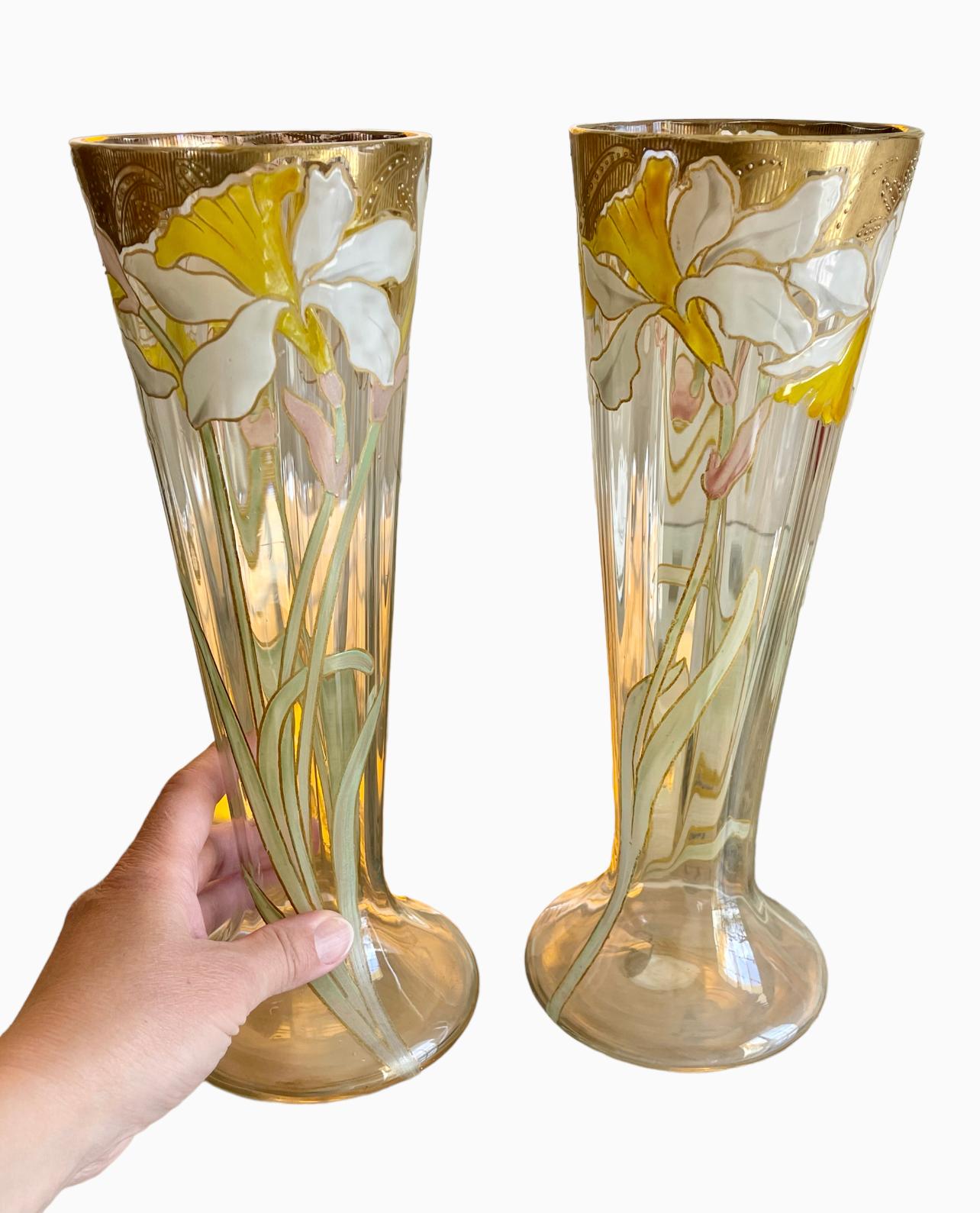 LEGRAS - Pair Of Cornet Vases With Irises - Art Nouveau  For Sale 5