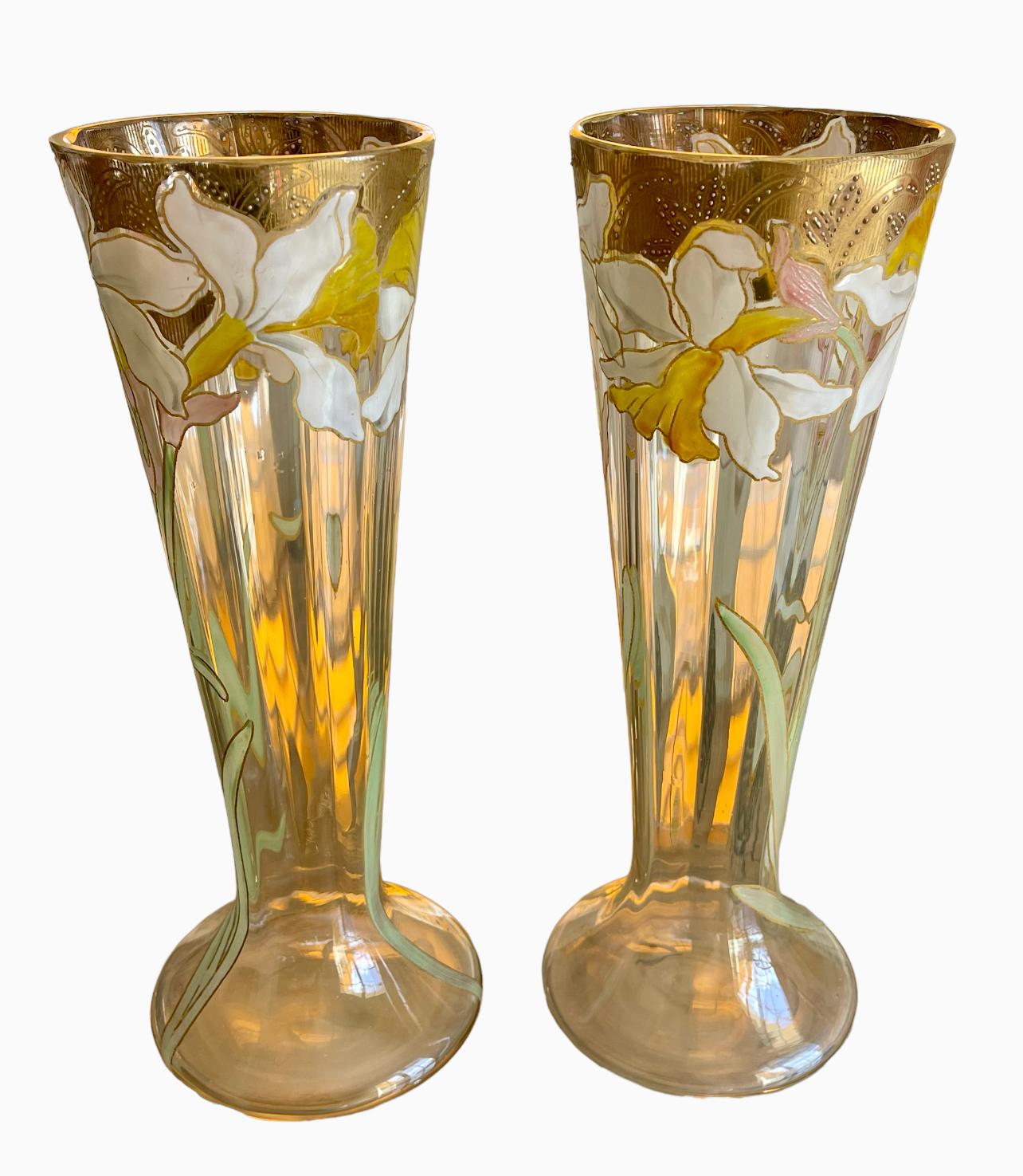 LEGRAS - Pair Of Cornet Vases With Irises - Art Nouveau  For Sale 6