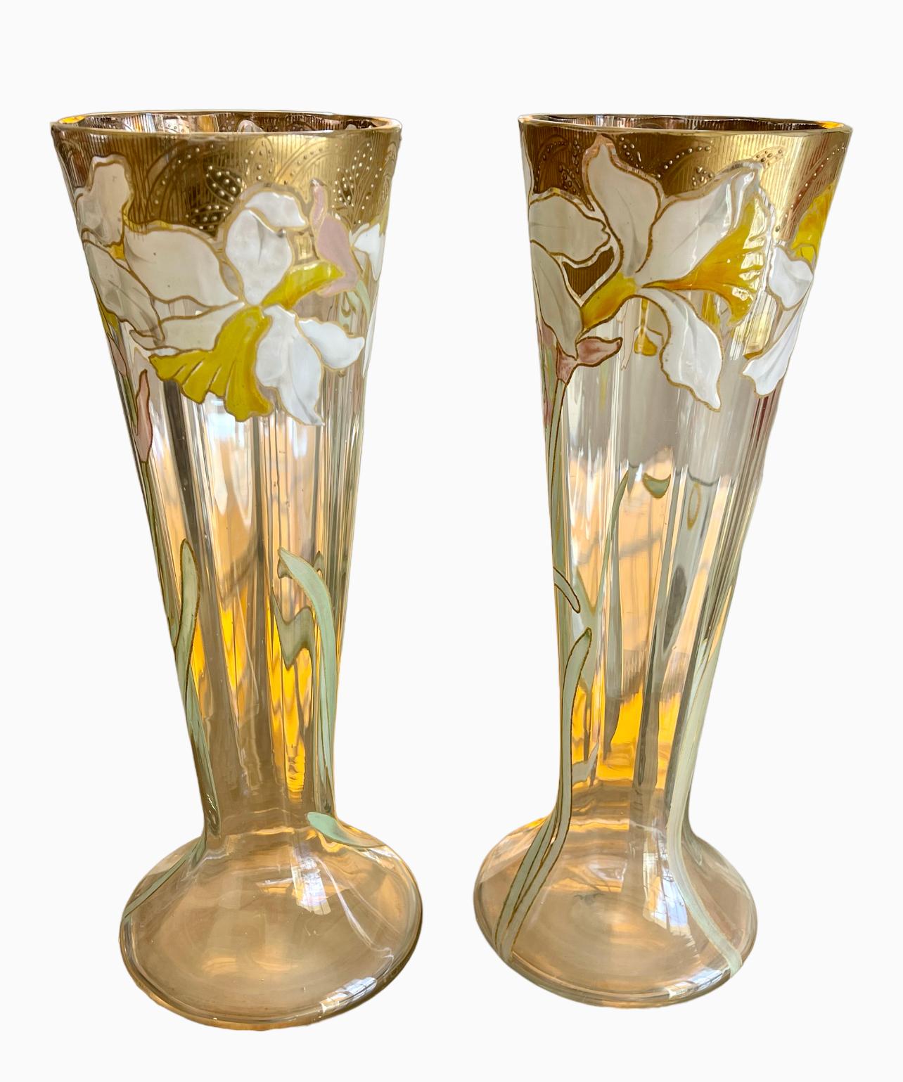 LEGRAS - Pair Of Cornet Vases With Irises - Art Nouveau  For Sale 7