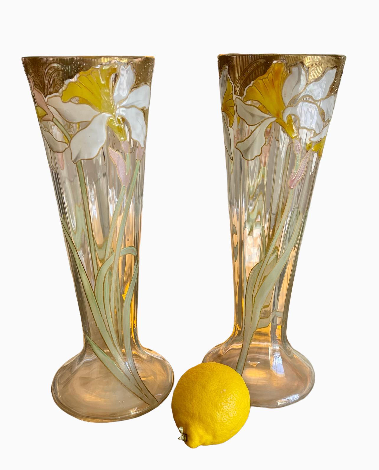 LEGRAS - Pair Of Cornet Vases With Irises - Art Nouveau  For Sale 8
