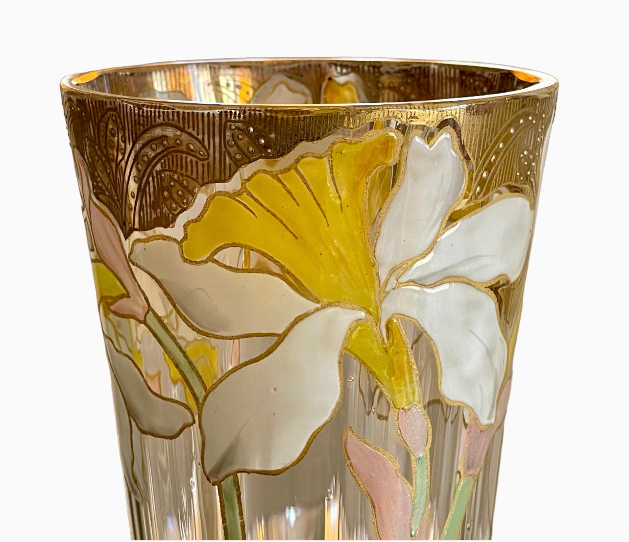 French LEGRAS - Pair Of Cornet Vases With Irises - Art Nouveau  For Sale