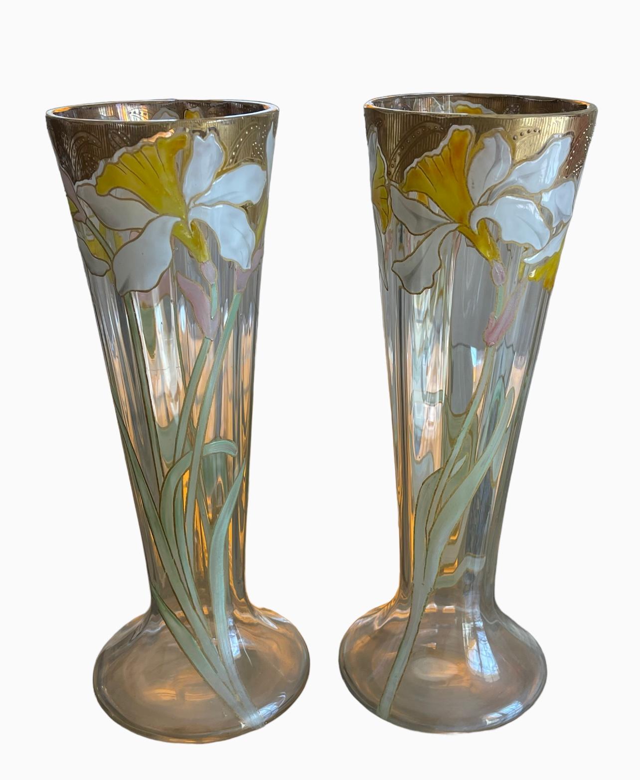 20th Century LEGRAS - Pair Of Cornet Vases With Irises - Art Nouveau  For Sale