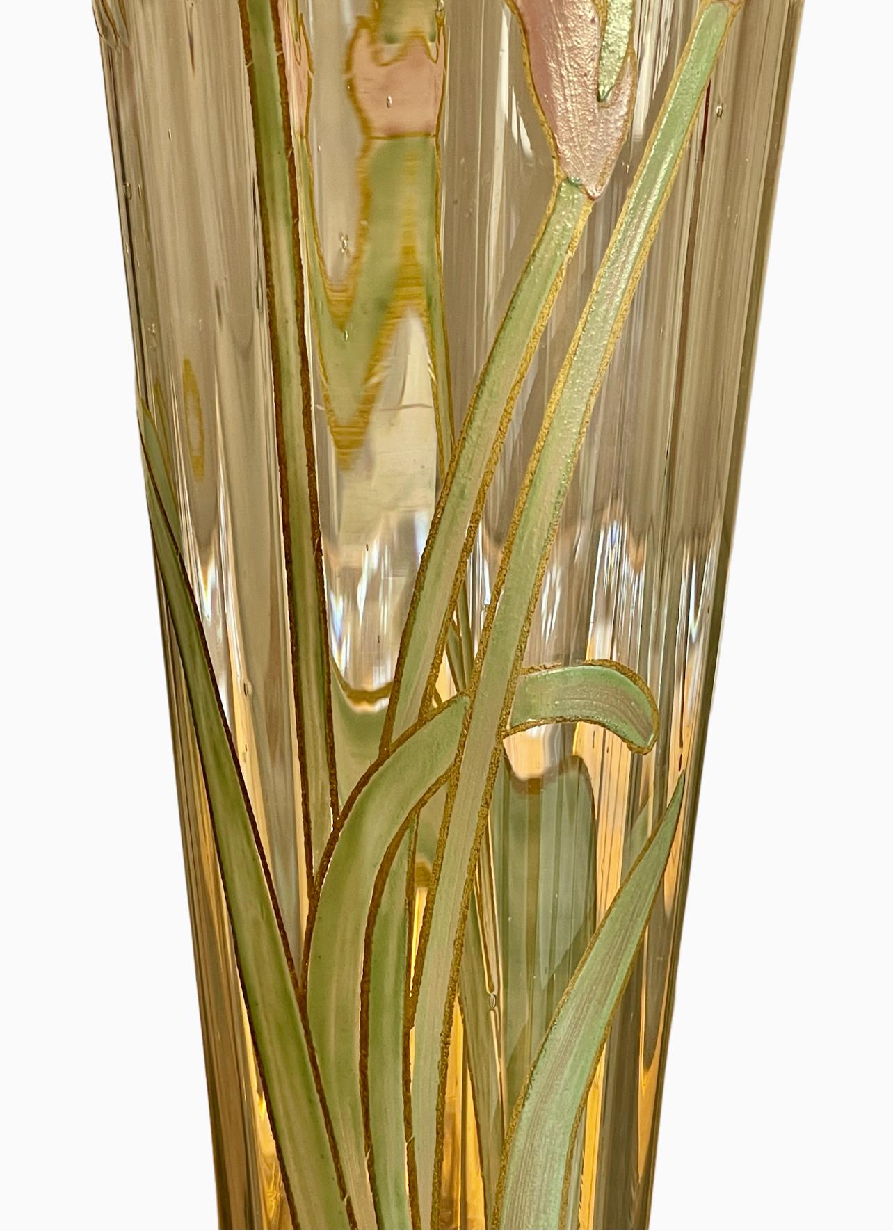 Art Glass LEGRAS - Pair Of Cornet Vases With Irises - Art Nouveau  For Sale