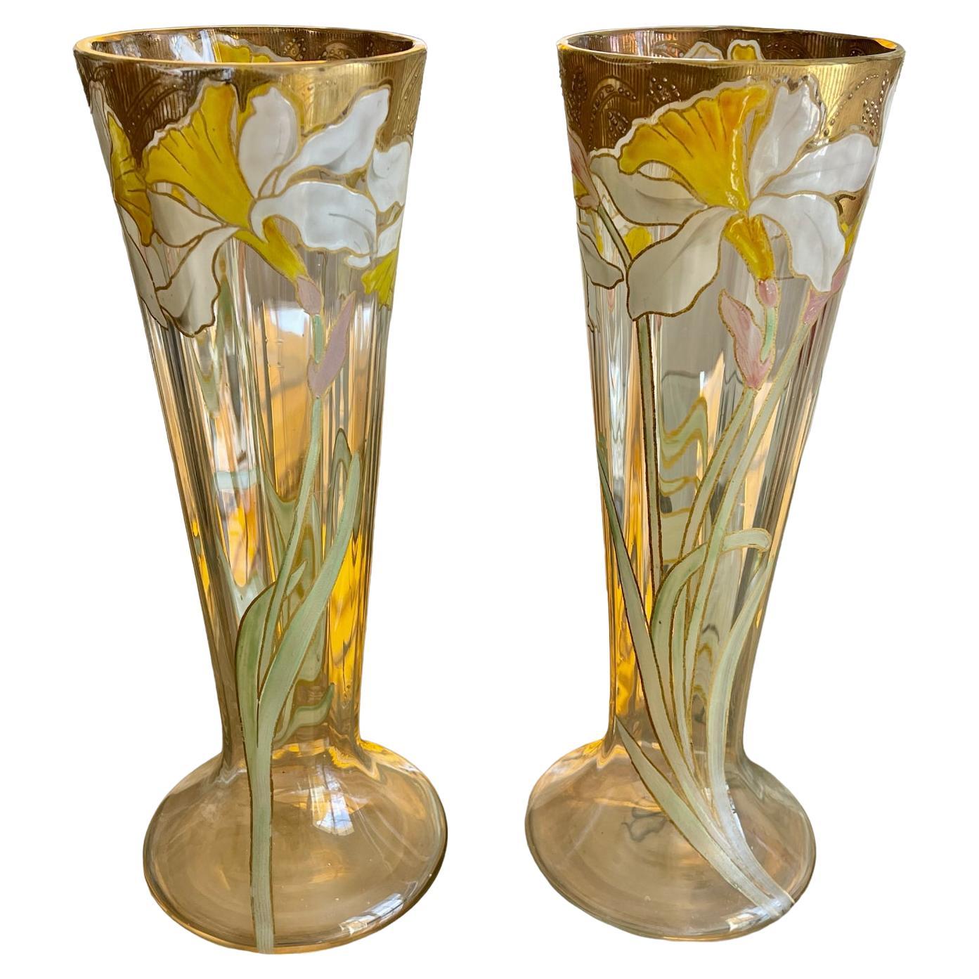 LEGRAS - Pair Of Cornet Vases With Irises - Art Nouveau  For Sale