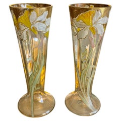 Vintage LEGRAS - Pair Of Cornet Vases With Irises - Art Nouveau 
