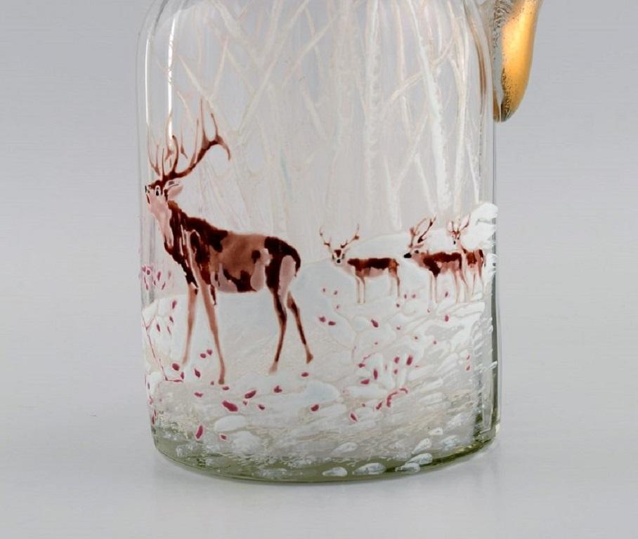 French Legras Saint Denis, Russian Beer Jug in Art Glass with Hand-Painted Deer For Sale