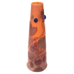 Legras  Signed Cameo Autumn Scene Glass Vase With Applied blue Cabochons c 1910
