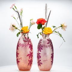 Legras Signed, Set of 2 Acid Etched Enameled Cameo Glass Vases, 1920