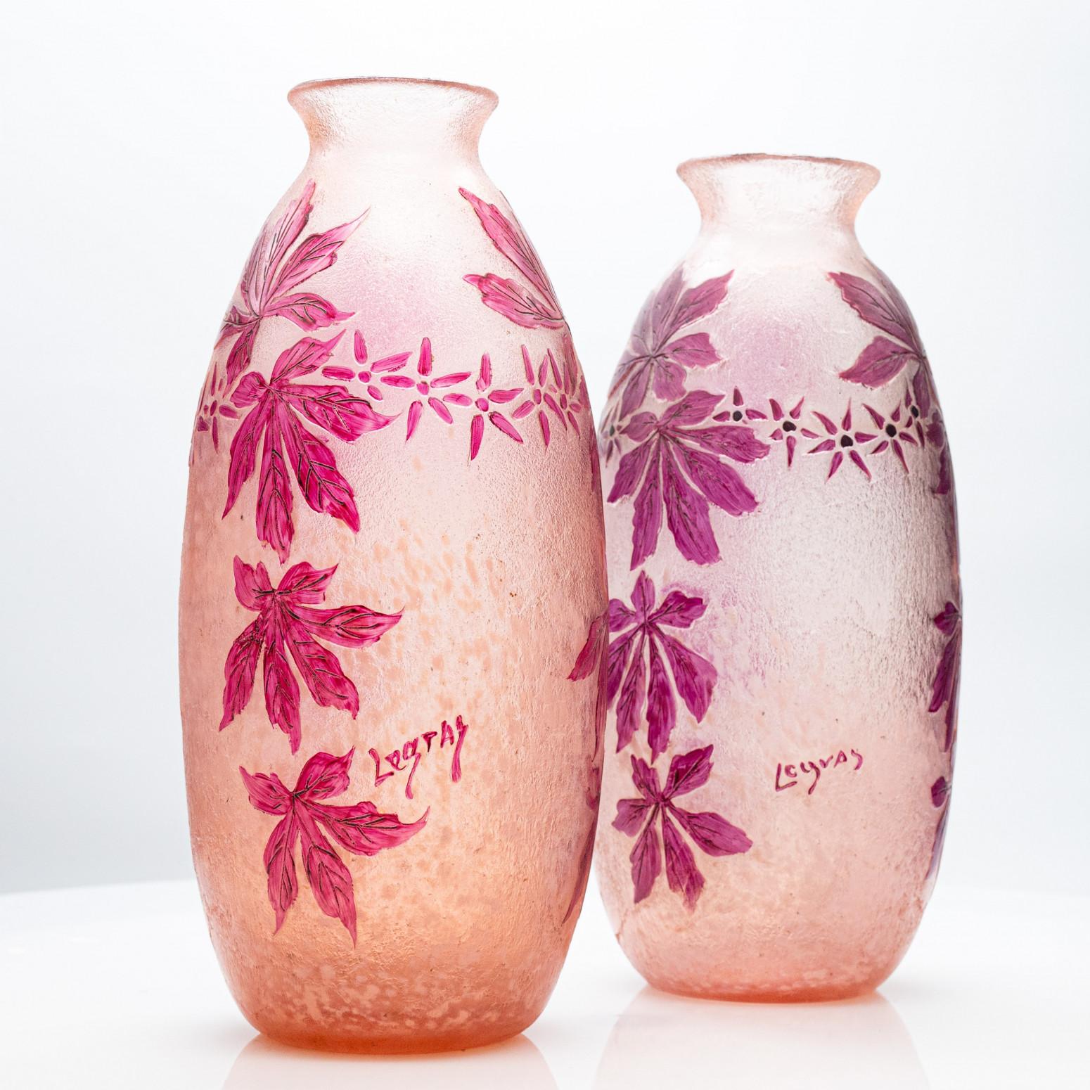 Art Nouveau Legras Signed, Set di 2 vasi in vetro cammeo smaltato acidato, 1920 in vendita