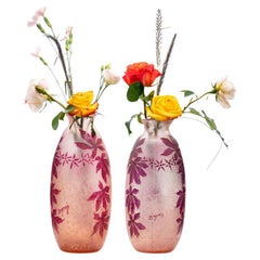 Legras Signed, Set of 2 Acid Etched Enameled Cameo Glass Vases, 1920