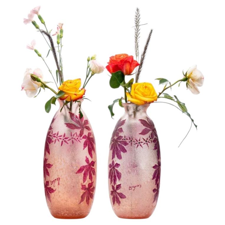 Legras Signed, Set of 2 Acid Etched Enameled Cameo Glass Vases, 1920