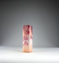 Legras, Square Etched Glass Maple Leaf and Samara Vase, French Art Nouveau 1900s